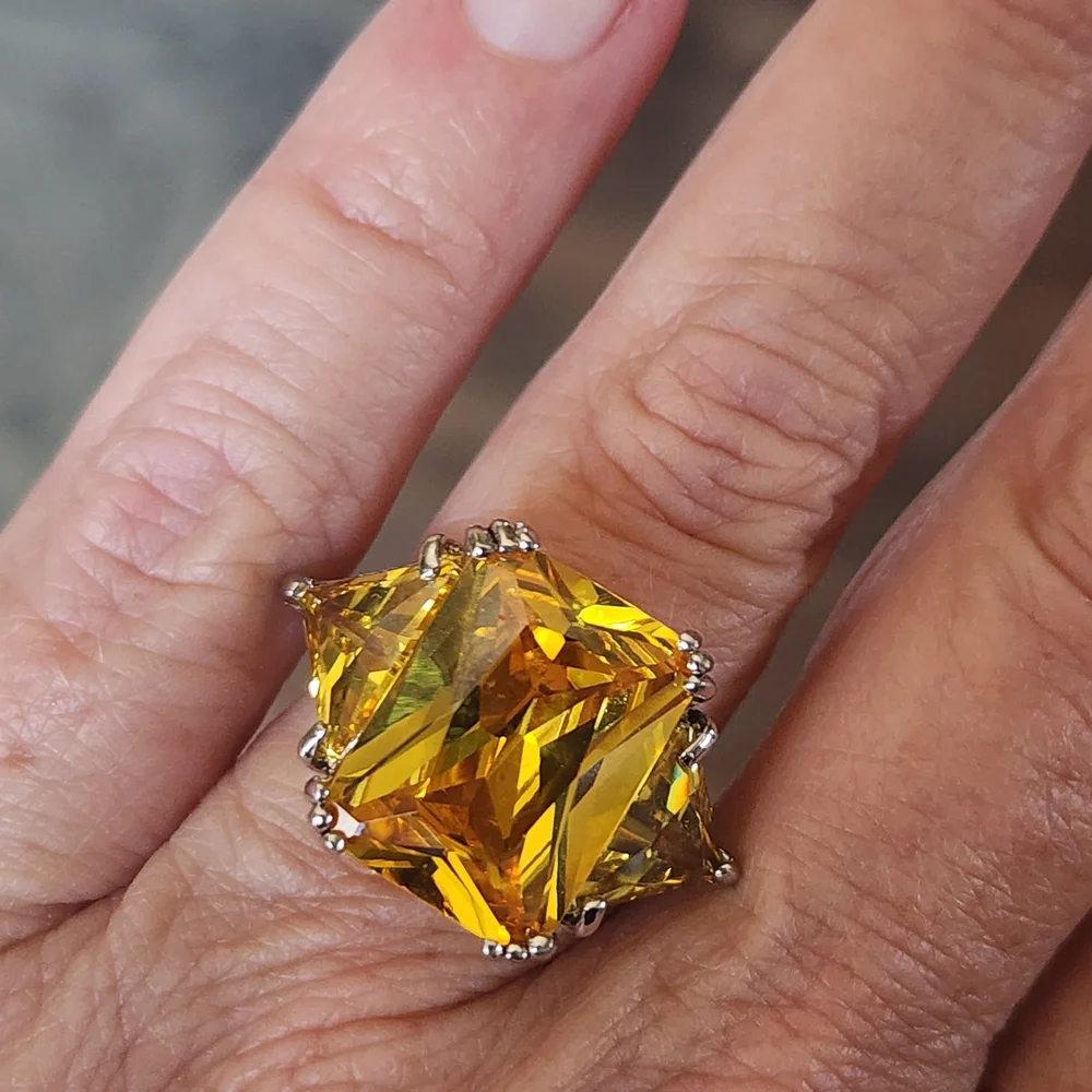 Radiant Yellow Three-Stone Cocktail Ring for Women Sz6 Chunky Sterling Silver - Picture 9 of 9